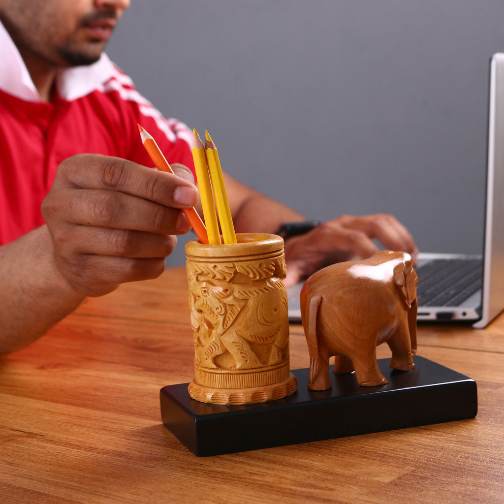 Handcrafted Elephant Wooden Pen Holder
