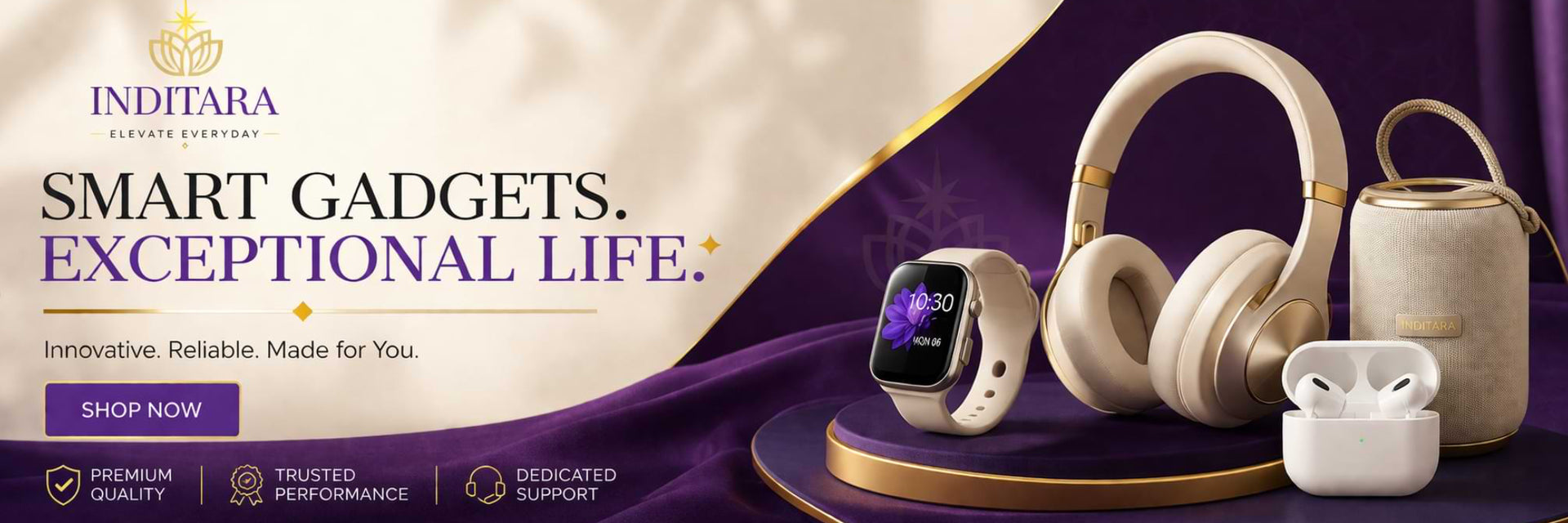 Inditara smart gadgets with headphones, watch, and earbuds on a purple and white background.