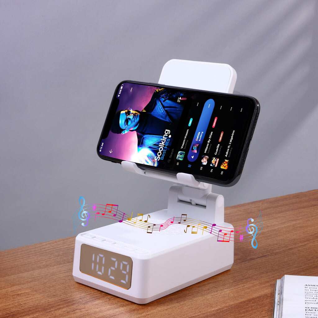 4 in 1 Speaker & Wireless Charger with Clock & Phone Holder