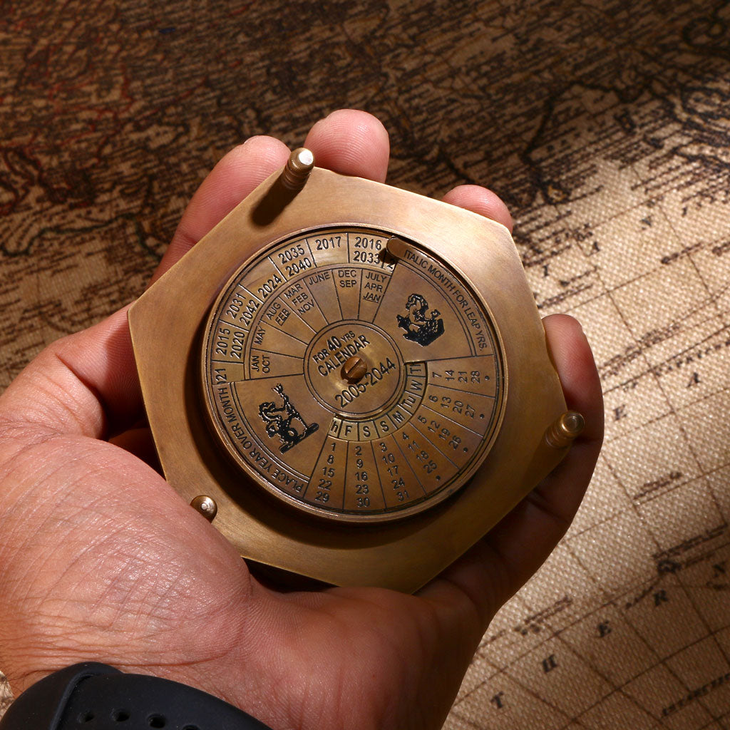 Vintage Brass Compass with Perpetual Calendar